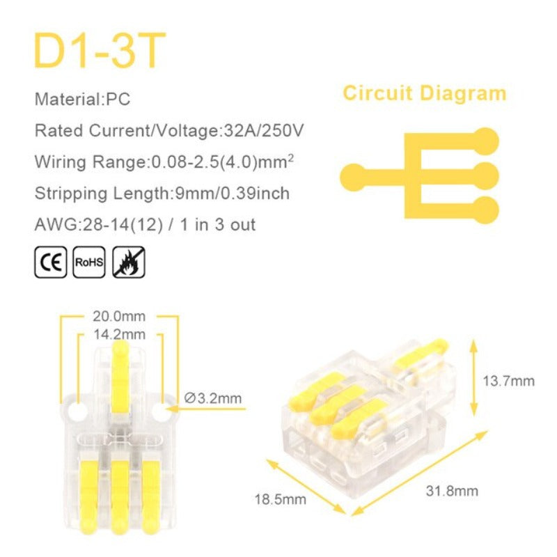 1 in Multiple Out Quick Wiring Connector Universal Splitter Wiring Cable Push-in Can Butt Home Terminal Block Transparent Style.