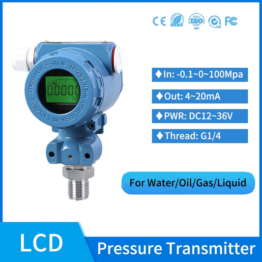 LCD display Pressure Transmitter Oil Fuel Water Liquid Gas Pressure Sensor 0-100MPa G1/4 Pressure Sensor.