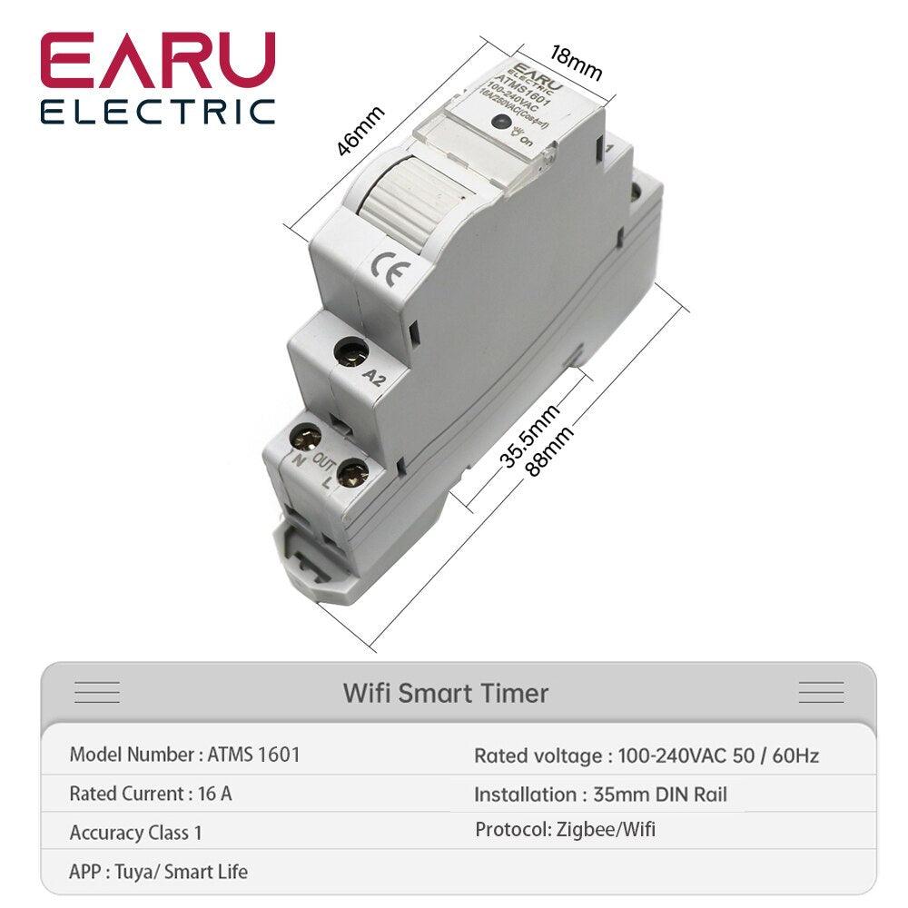 AC 110V 220V 16A Single Phase 18MM Mimi Din Rail 35mm Zigbee WIFI Smart Timer Relay Switch Breaker Remote Control by Tuya APP.