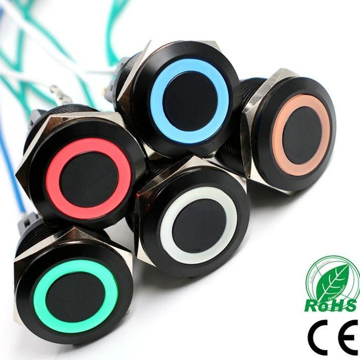 Black 25mm Metal Latching LED Push Button Switch.