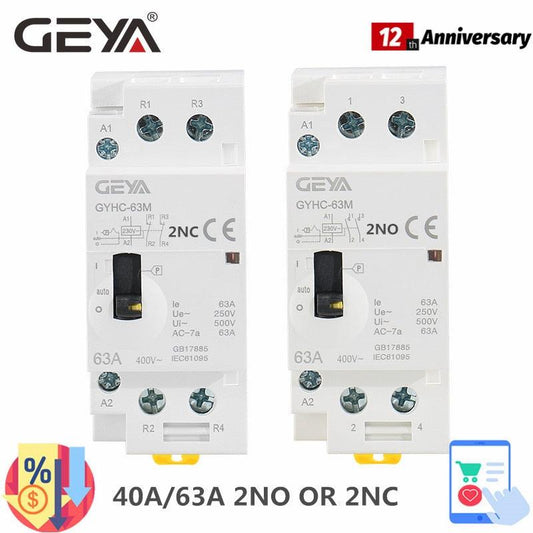 GEYA GYHC 2P 40A 63A 2NO or 2NC Manual Household Modular DIN Rail AC Contactor  AC220V 230V Manual Control.