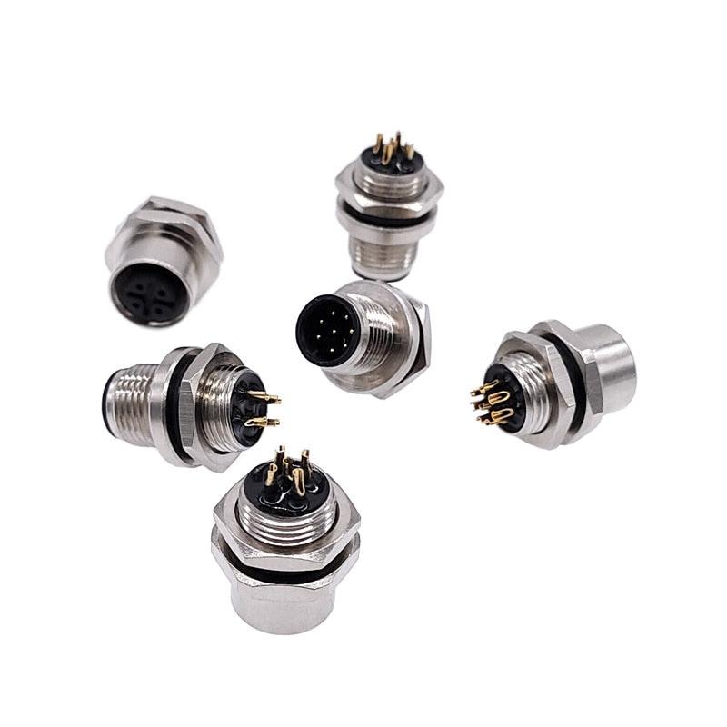 M12 panel back mount Flange Socket Sensor Connector Waterproof Screw Threaded coupling Male Female 3 4 5 8Pin.