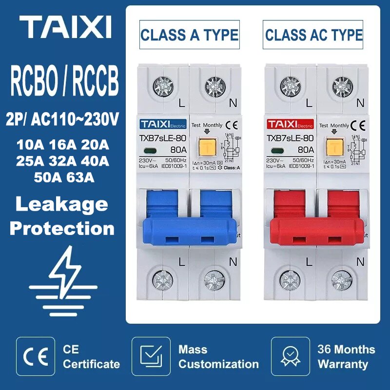 TAIXI- RCBO Type A / AC Circuit Breaker 10A up to 63A.