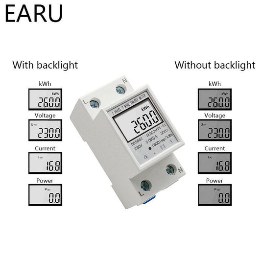 EARU- Single Phase KWh Meter| Din-Rail LCD Digital Display Wattmeter.