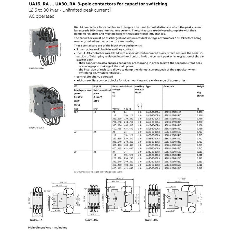ABB- Contactors for Capacitor Switching  UA16-30-10RA| Voltage optional.