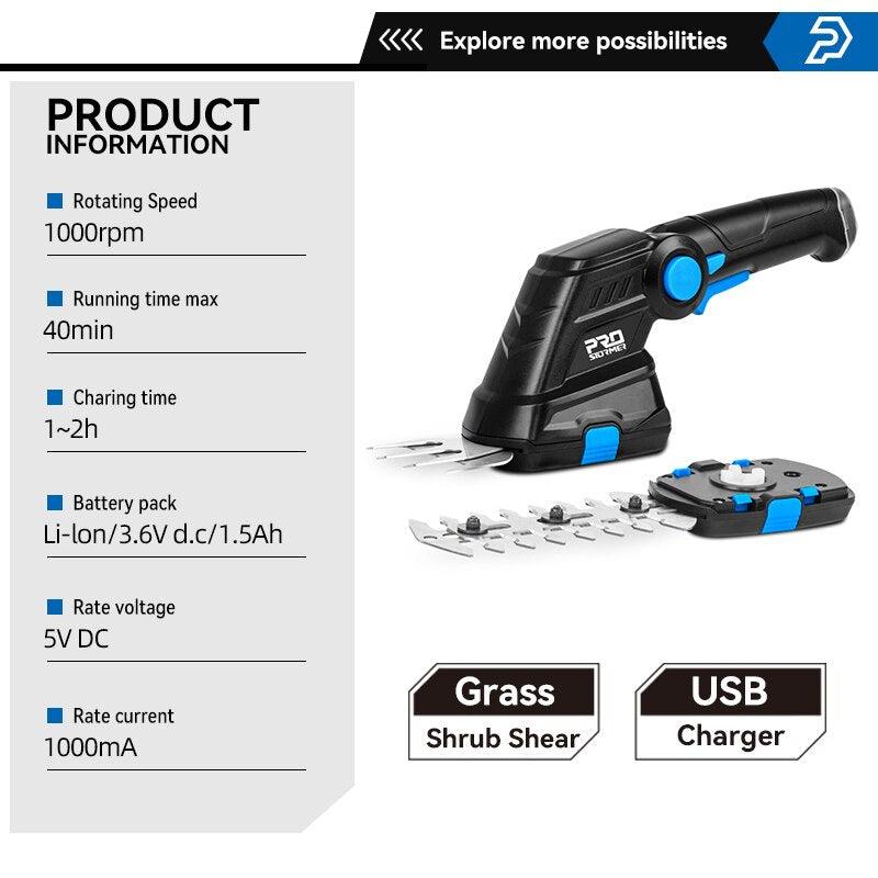 PROSTORMER- 2 in 1 Electric Hedge Trimmer| Cordless 3.6V USB Lawn Mower.
