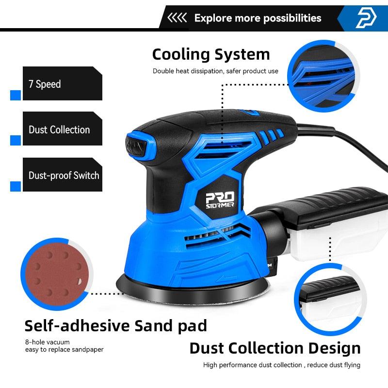 PROSTORMER- 300W Random Orbital Electric Sander Machine| with 21Pcs 125mm Sandpapers.