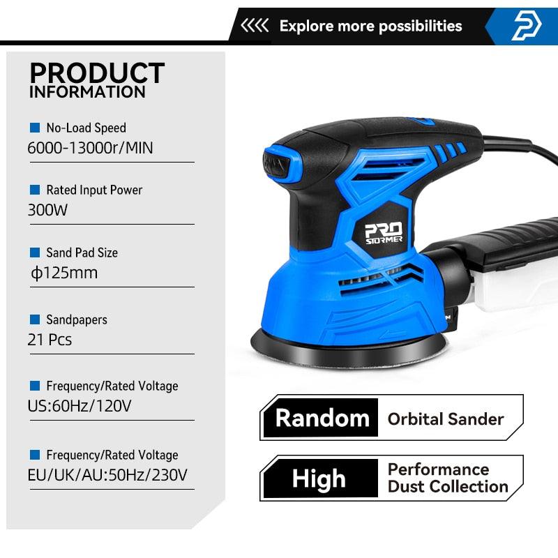 PROSTORMER- 300W Random Orbital Electric Sander Machine| with 21Pcs 125mm Sandpapers.