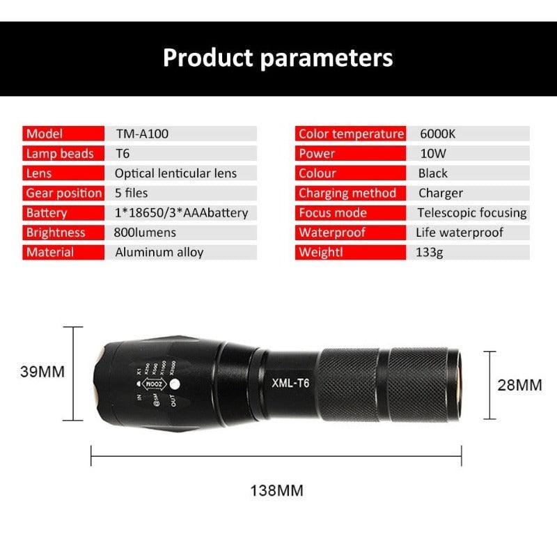 PROSTORMER- Led Flashlight with 18650 Battery| Lamp Beads: Q5/T6/L2 Optional.