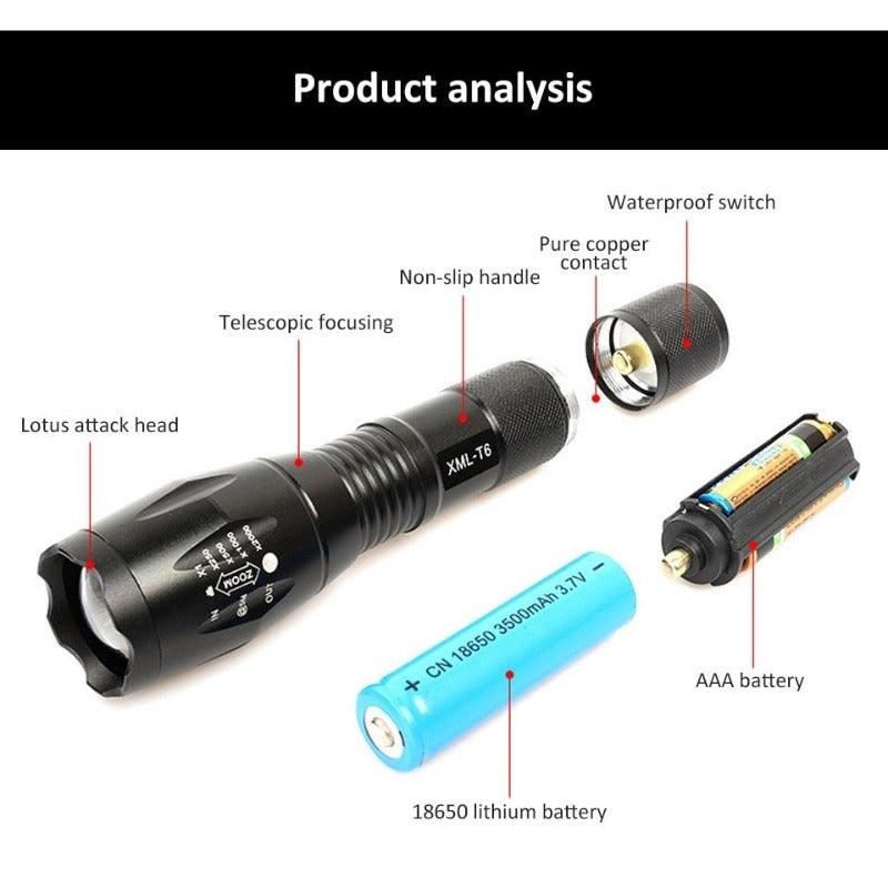 PROSTORMER- Led Flashlight with 18650 Battery| Lamp Beads: Q5/T6/L2 Optional.