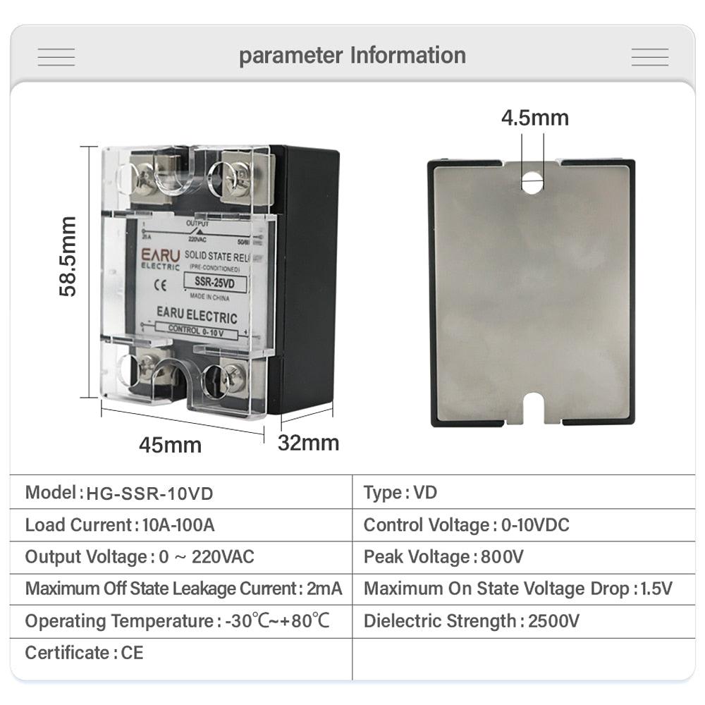 SSR-10VD SSR-40VD SSR 25A 80A 100A Single Phase Solid State Relay Voltage Regulator Module Input 0-10V Output 220VAC Radiator.