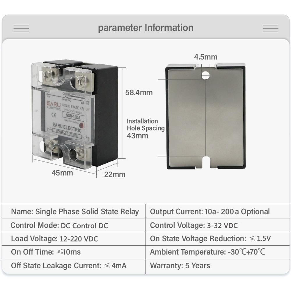 SSR-25DD SSR-40DD SSR 10A 60A 100A Single Phase Solid State Relay Module DC 3-32V Input DC 12-220V Output Voltage Transformer.