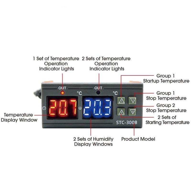 STC-3008 Dual Digital Temperature Controller Two Relay Output DC12V DC 24V AC220V Thermoregulator Thermostat With Heater Cooler.