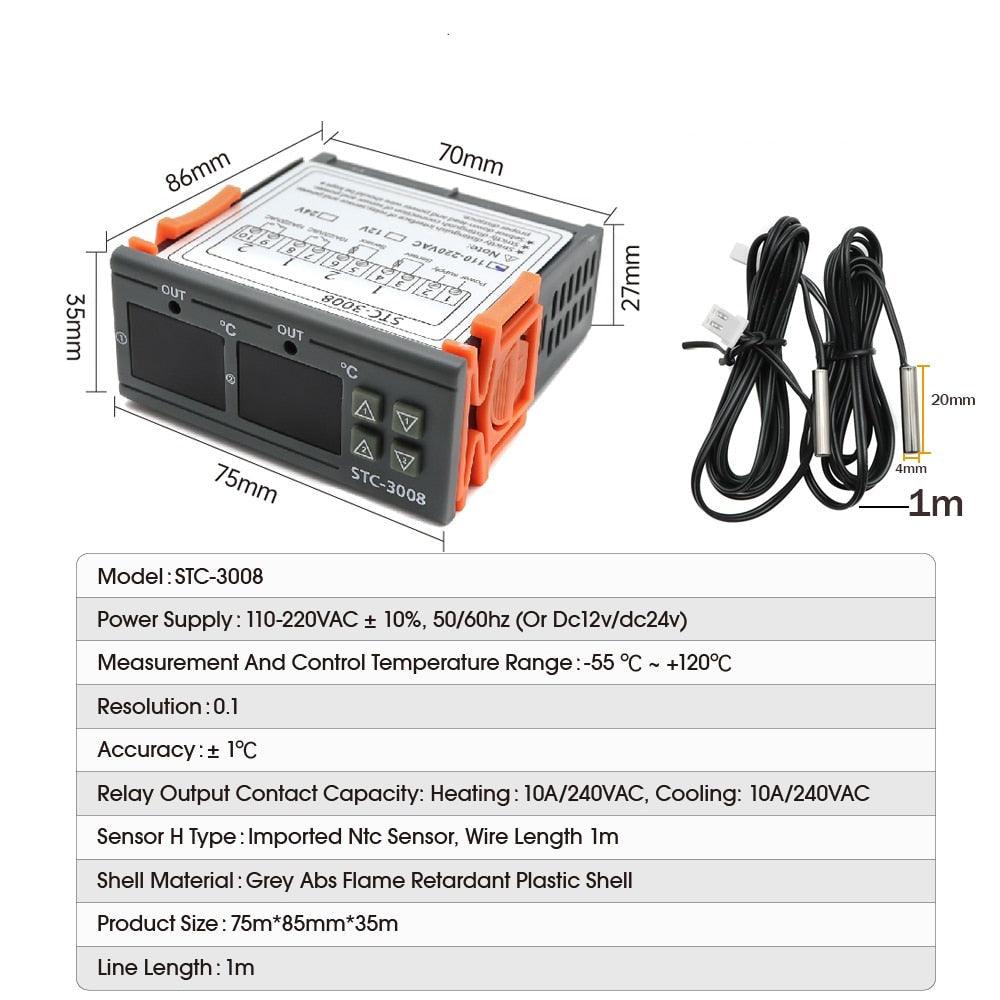 STC-3008 Dual Digital Temperature Controller Two Relay Output DC12V DC 24V AC220V Thermoregulator Thermostat With Heater Cooler.